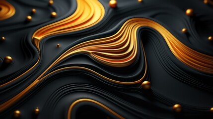 Abstract black background with golden waves and pearls