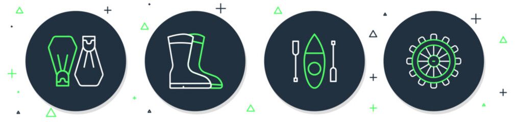 Set line Fishing boots, Kayak or canoe, Rubber flippers for swimming and Ship steering wheel icon. Vector