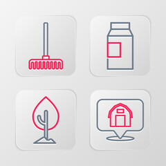 Set line Location farm house, Tree, Paper package for milk and Garden rake icon. Vector