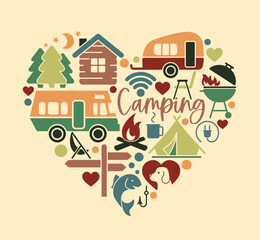 Flat icons in the heart shape on the theme of camping and outdoor recreation