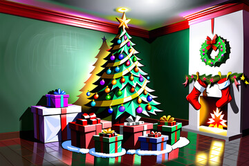 X-mas tree decorated with gifts and a star.
Generative AI
