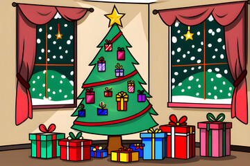 X-mas tree decorated with gifts and a star.
Generative AI
