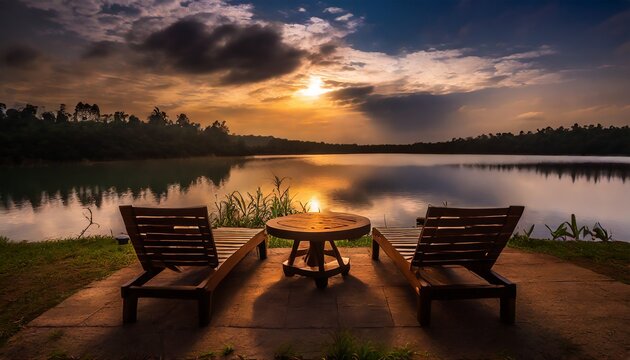 A pair of chairs with wooden table facing a beautiful lake, the concepts displayed are love, beauty, nature and life