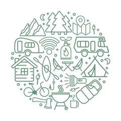 Round set of thin linear icons on the theme of camping and outdoor recreation