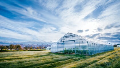Naklejka premium Greenhouse near a large urban area. The morning atmosphere is sunny and cloudy. Suitable for various needs according to the greenhouse theme