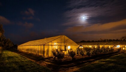 Fototapeta premium The greenhouse is transparent at night, you can see the inside of various vegetables and fruit in the greenhouse.