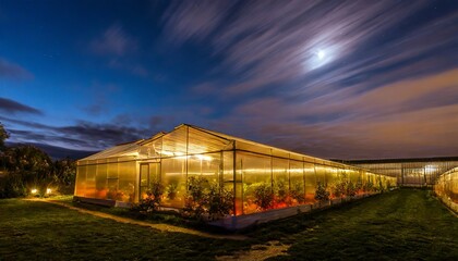 The greenhouse is transparent at night, you can see the inside of various vegetables and fruit in the greenhouse.