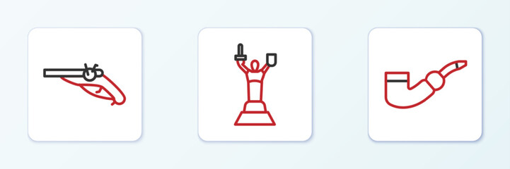 Set line Smoking pipe, Vintage pistols and Mother Motherland monument icon. Vector