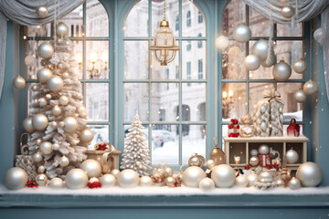 Fototapeta na wymiar Christmas Window. Home decor with Christmas decorations. Close-up.