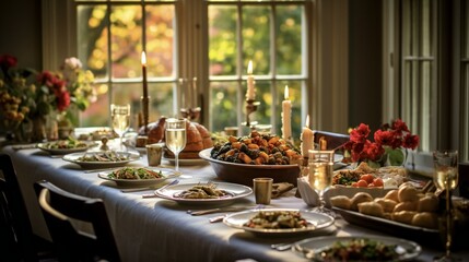 a thanksgiving dinner table with a turkey on it - obrazy, fototapety, plakaty