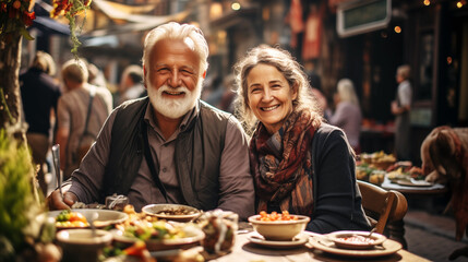 Photo of A cheerful elderly couple participate in a Turkish feast with an abundance of traditional Turkish cuisine, Turkish sweets, with cups of tea, in a small Turkish street