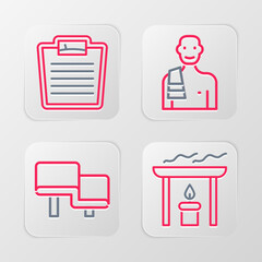 Set line Aroma candle, Sauna wood bench, Man in the sauna and Bathroom scales icon. Vector