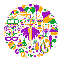 Mardi Gras carnival round composition, flat style with feathers, beads, jester hat, mask, fleur de lis