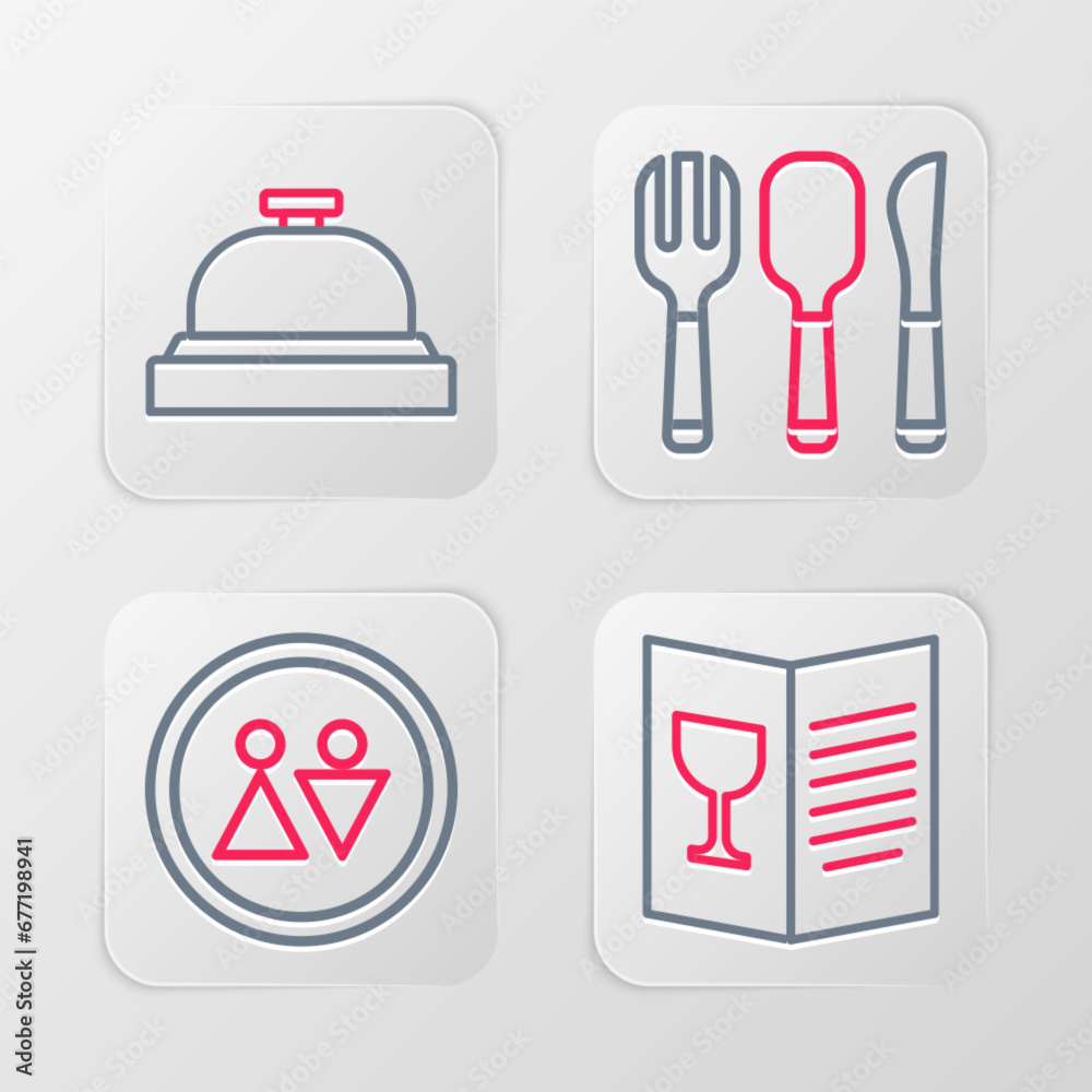 Wall mural Set line Restaurant cafe menu, Toilet, Fork, spoon and knife and Hotel service bell icon. Vector