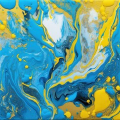 Colourful abstract acrylic background in blue - yellow - white colors with golden powder. Art marble texture.