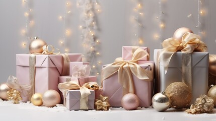 Fototapeta na wymiar Lots of pink Christmas gift boxes with bows, Christmas tree, silver decorative balls, snowflakes on a pink background. Happy New Year