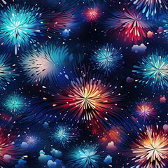Fototapeta premium festive seamless pattern with multicolored fireworks on blue background for wrapping paper decor
