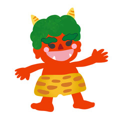 向かって右を向いて笑っているポップな節分の赤鬼（小鬼）のイラスト素材