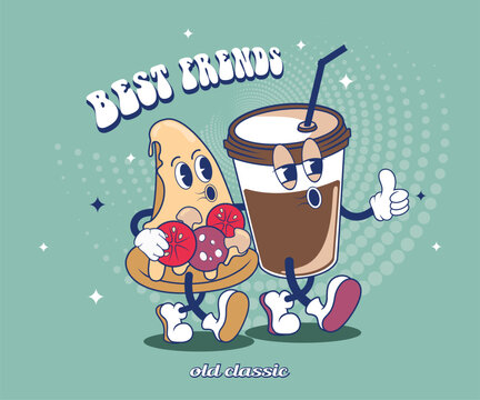 cartoon funny groovy character of two friends coffee cup and pizza. best friends.