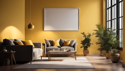 A blank white frame mockup in a dimly lit indoor space with furniture that is bright yellow.