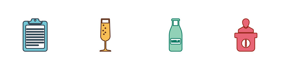 Set Clipboard with document, Glass of champagne, bottle milk and cap and Information desk icon. Vector