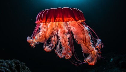 Magnificent and ethereal giant bell jellyfish floating gracefully in the crystal clear blue water - obrazy, fototapety, plakaty