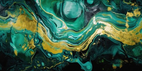 Pattern of golden powdered splashes, waves and lines on emerald green. Abstract acrylic background. - obrazy, fototapety, plakaty