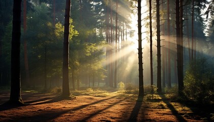 Obraz premium Enchanting misty forest with sunbeams and golden sunlight rays peeking through the trees