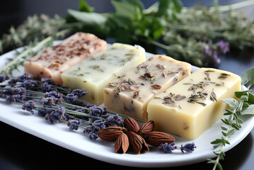 Handmade soap bars with herbs and natural additives