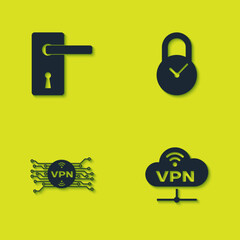 Set Door handle, VPN Network cloud connection, with microchip circuit and Padlock clock icon. Vector