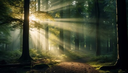 Enchanting sunbeams piercing through a mystical mist in a serene forest with radiant sunlight rays