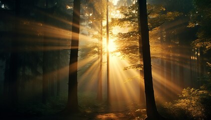 Captivating sunbeams shining through a mystical mist in a serene and enchanting forest