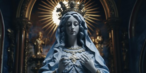 Fototapeta na wymiar Statue of the Virgin Mary carved out of blue and white marble with gold accents, set in a baroque church