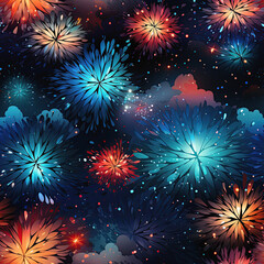 Fototapeta premium festive seamless pattern with multicolored fireworks on blue background for wrapping paper decor