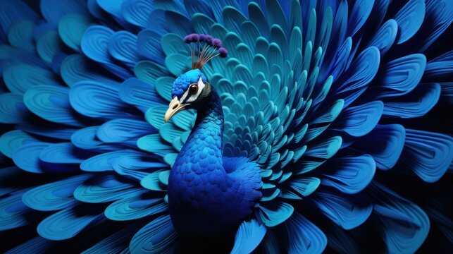 A blue peacock with its feathers spread out, AI. Paper crafted origami