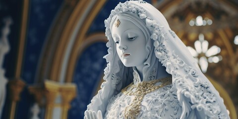 Statue of the Virgin Mary carved out of blue and white marble with gold accents, set in a baroque church