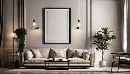 A light-colored guest room featuring a sofa, two armchairs, and a mockup blank white poster