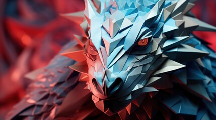 A blue and red dragon with a lot of spikes, AI. Paper crafted origami - obrazy, fototapety, plakaty