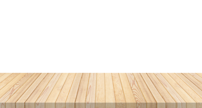 Empty wooden table top or counter for template mock up display montages product. Wood table plank empty rustic shelf for products display, isolated on  PNG transparent background.