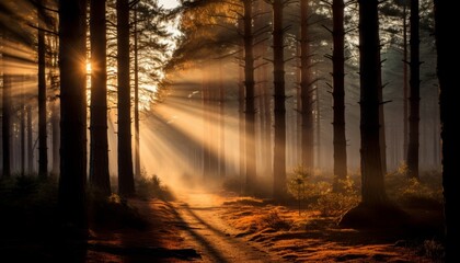 Mesmerizing sunbeams illuminating a dreamy misty forest with enchanting sun light rays