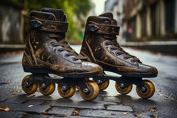 Vibrant close up of rollerblades inline skates gliding on a sunlit road on a beautiful summer day