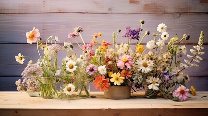A composition of wildflowers in pastel tones, spread across a rustic wooden table. 