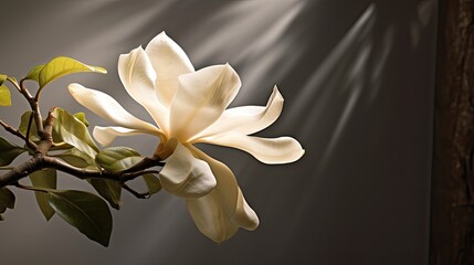 A solitary white magnolia bloom on a brushed steel background. Minimalist art design. 
