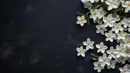 Ivory jasmine flowers on a dark slate background with star-shaped blooms creating a stark and...