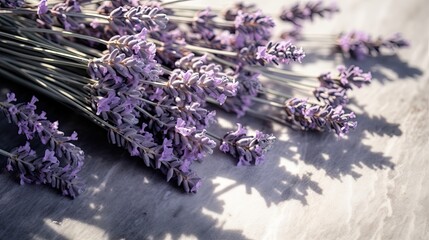 Lush lavender sprigs arranged on a sunlit, weathered stone surface. Delicate wallpaper texture. 