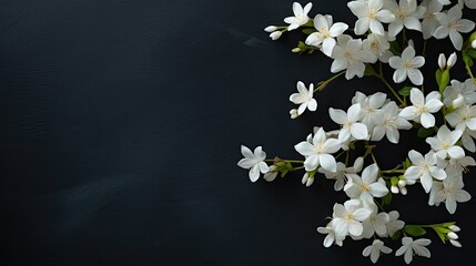 Ivory jasmine flowers on a dark slate background with star-shaped blooms creating a stark and...