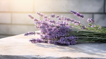 Lush lavender sprigs arranged on a sunlit, weathered stone surface. Delicate wallpaper texture. 