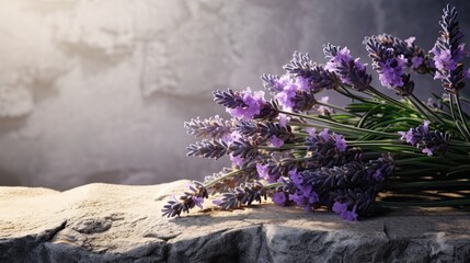 Lush lavender sprigs arranged on a sunlit, weathered stone surface. Delicate wallpaper texture. 