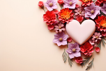 Heart of different colors on an beige background with a copy space. Valentine's Day Card