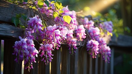 Wisteria tendrils cascading over a weathered wooden fence. Wallpaper texture. 